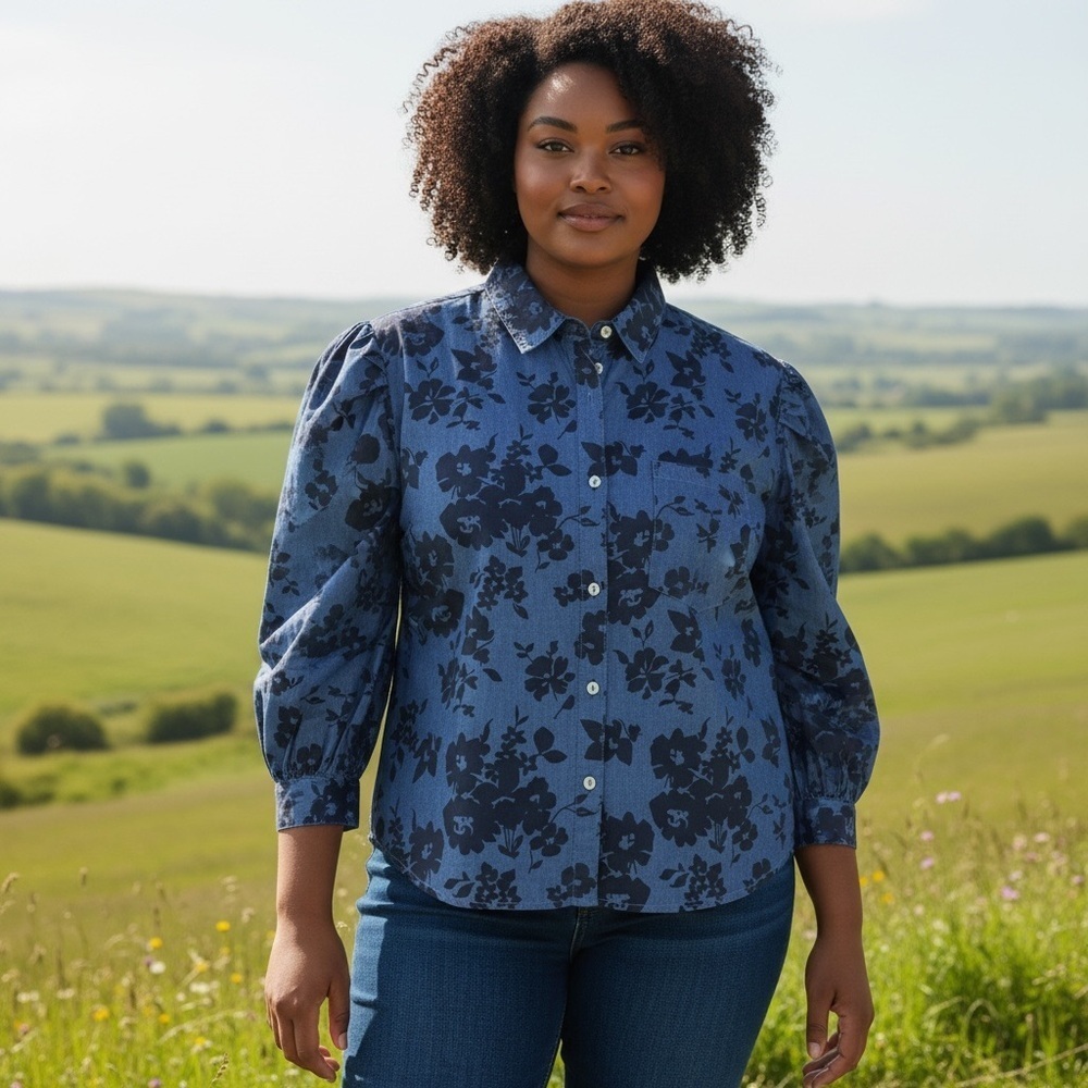 NWT New KAKTUS Floral Denim Button Front 3/4 Puff Sleeve Shirt Size 3X